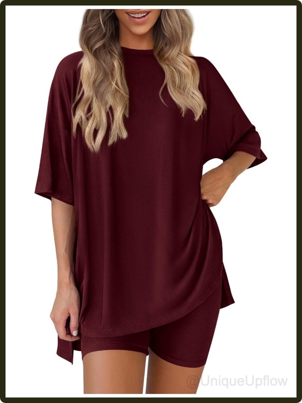 Women 2 Piece Lounge Set Oversized Tunic Tee Biker Shorts Pockets Travel